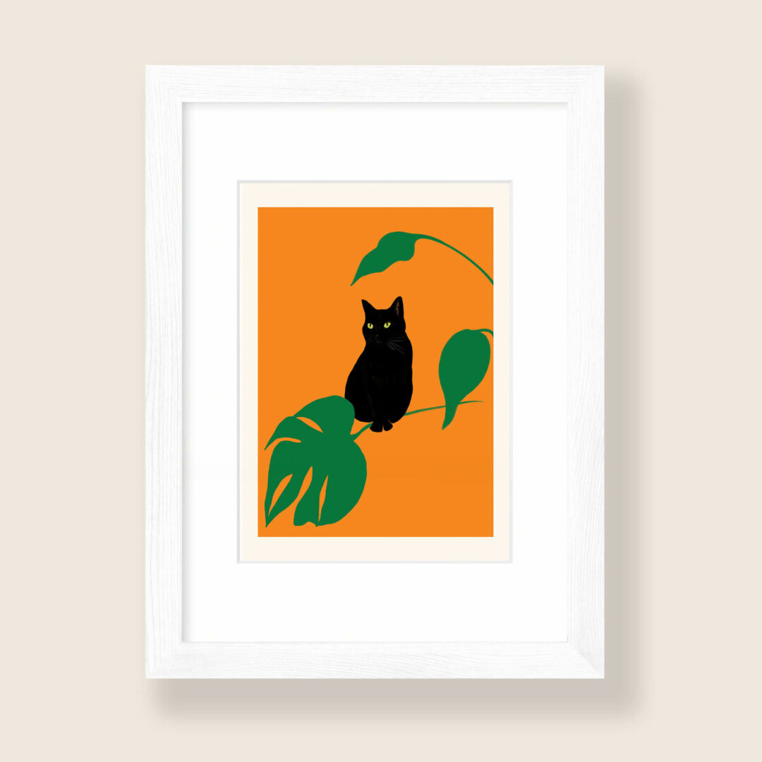 FLORA editions Art Cards for Flower Lovers by Catherine Toews Black Cat Card with Monstera Leaves