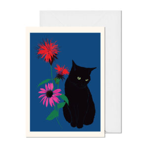 FLORA editions Art Cards for Flower Lovers by Catherine Toews Black Cat Card with Wildflowers Monarda Bee Balm Coneflower Echinacea