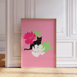 Black cat with Cosmos Flowers - FLORA editions Art Prints & Cards for Flower Lovers by Catherine Toews - Giclée fine art print on archival paper