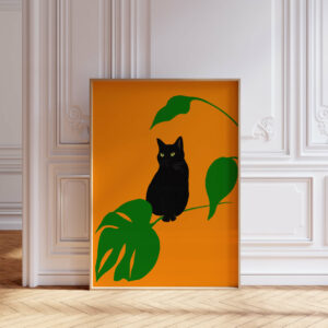 Black Cat with Monstera Houseplant - FLORA editions Art Prints & Cards for Flower Lovers by Catherine Toews - Giclée fine art print on archival paper