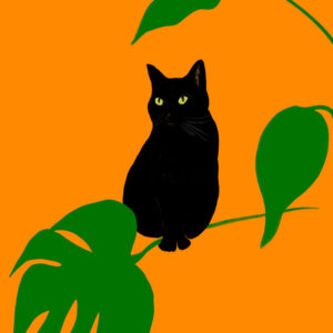 Black cat with Monstera houseplant leaves - FLORA editions Art Prints & Cards for Flower Lovers by Catherine Toews - Giclée fine art print on archival paper