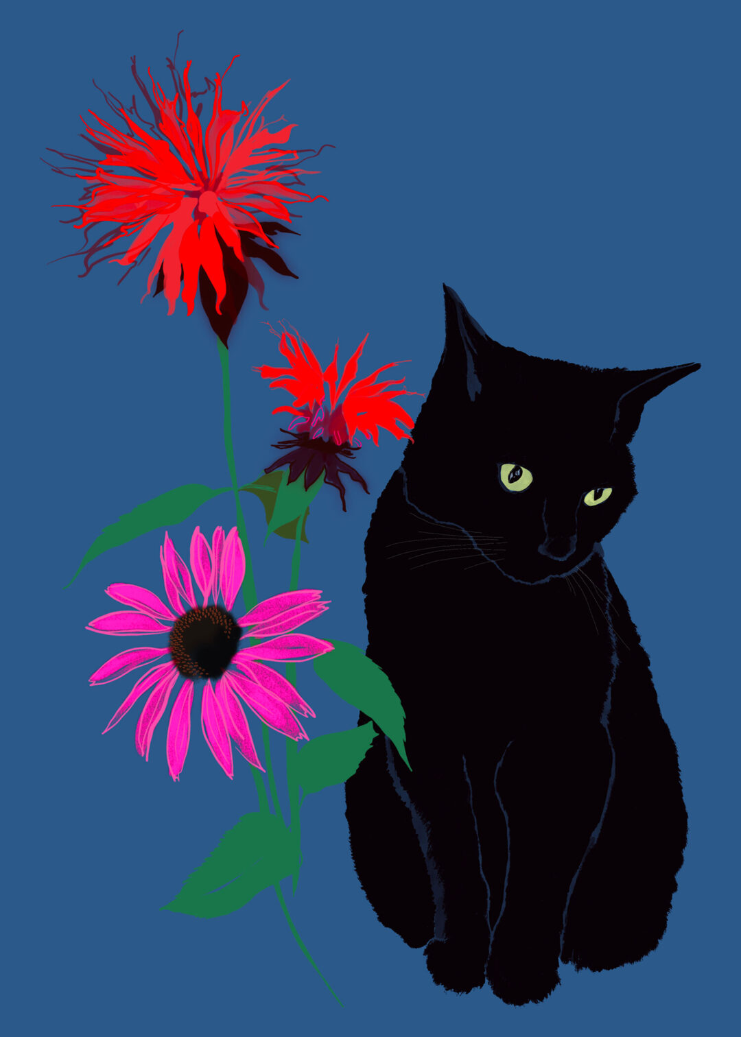 Black cat with wildflowers - FLORA editions Art Prints & Cards for Flower Lovers by Catherine Toews - Giclée fine art print on archival paper